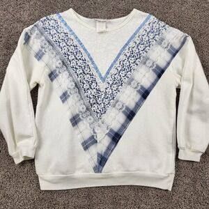 Vintage Act III Mixed Media Lace Plaid V-Panel Sweatshirt Cream Blue USA Made M